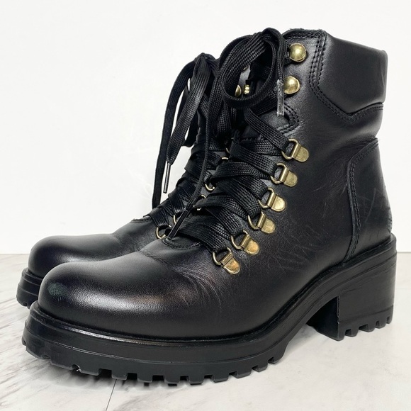 Steve Madden Gael Lace Up Lug Sole Black Leather Boot 6M - Picture 1 of 14